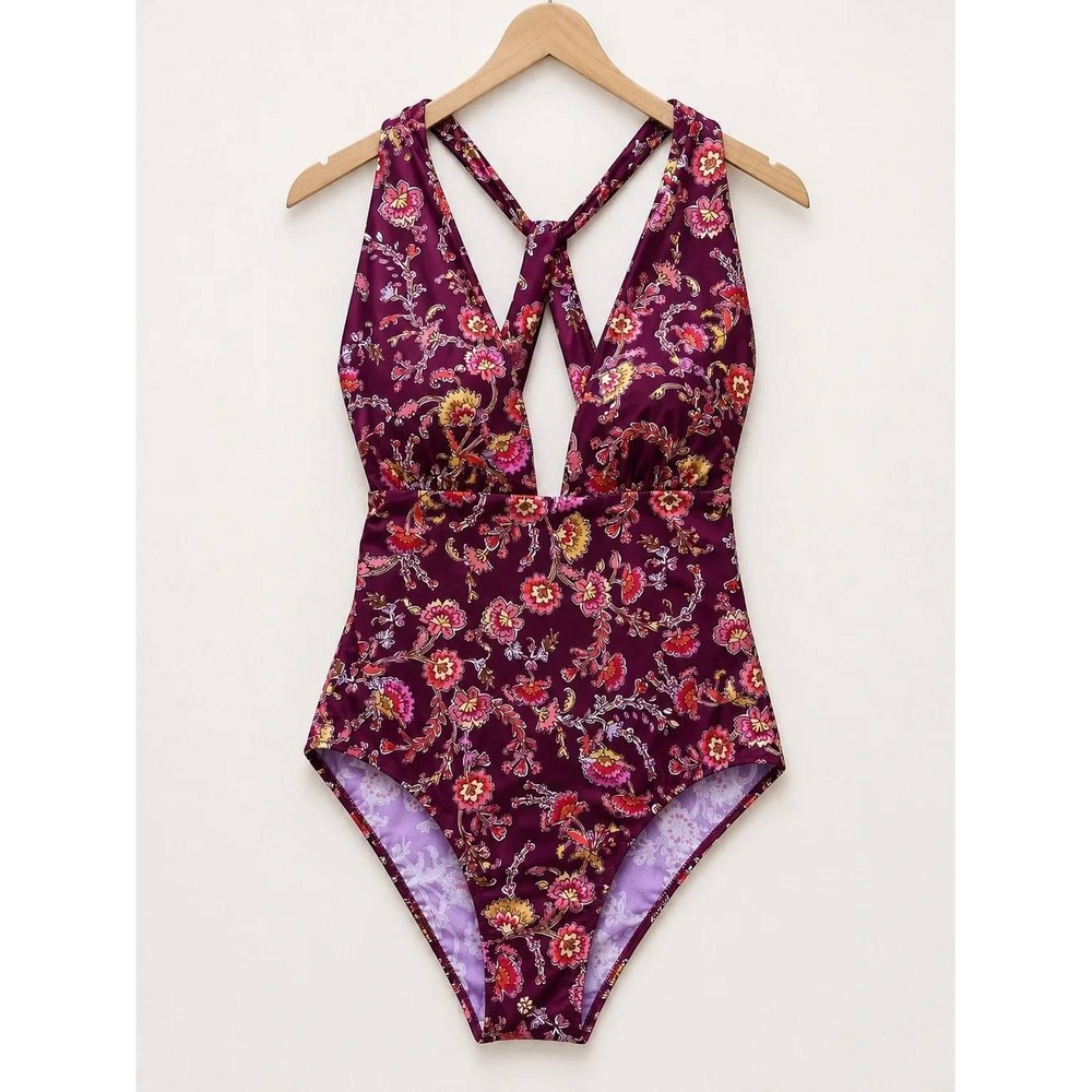 Summersalt One Piece Women 10 Maroon Floral Deep V Halter Neck Swimsuit